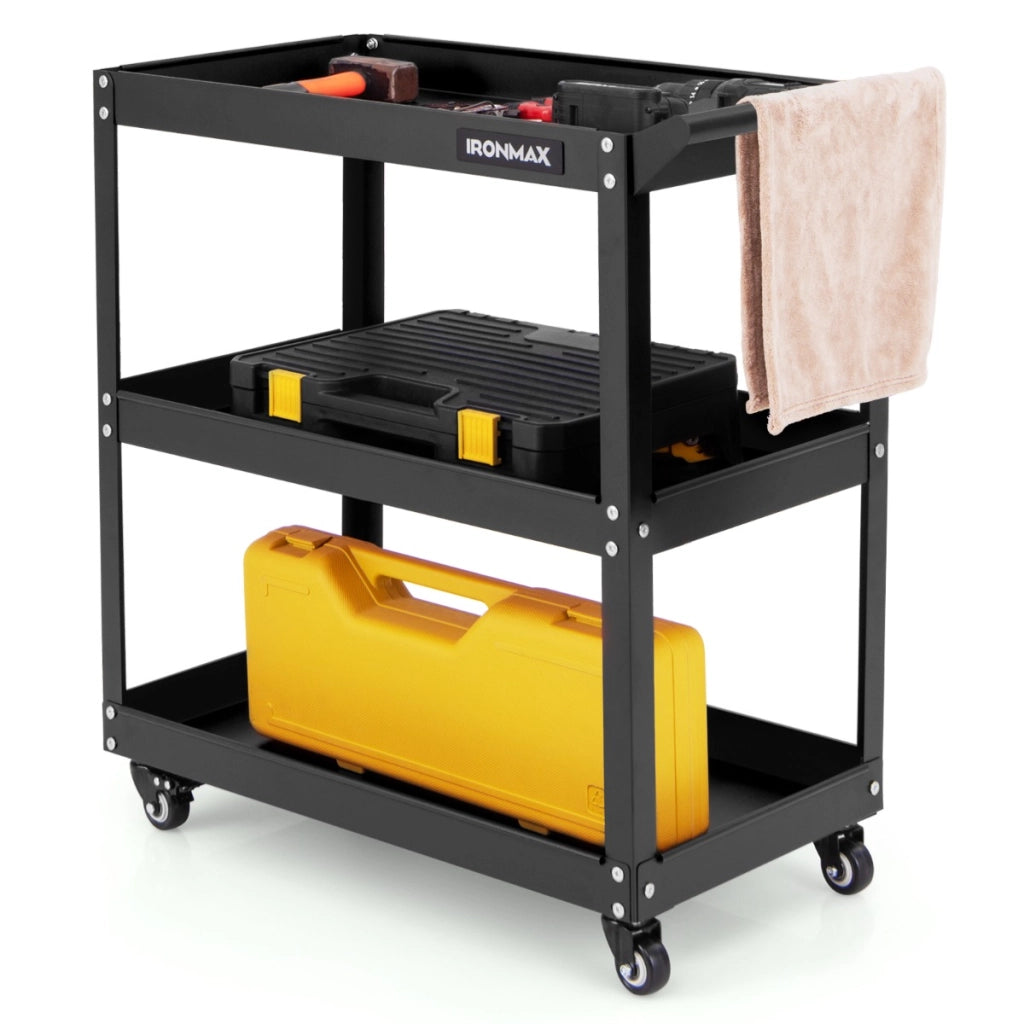 Carrello portautensili a 3 livelli con 4 ruote universali con 2 freni, Carrello metallico resistente per garage Nero-Deposito utensili Tool