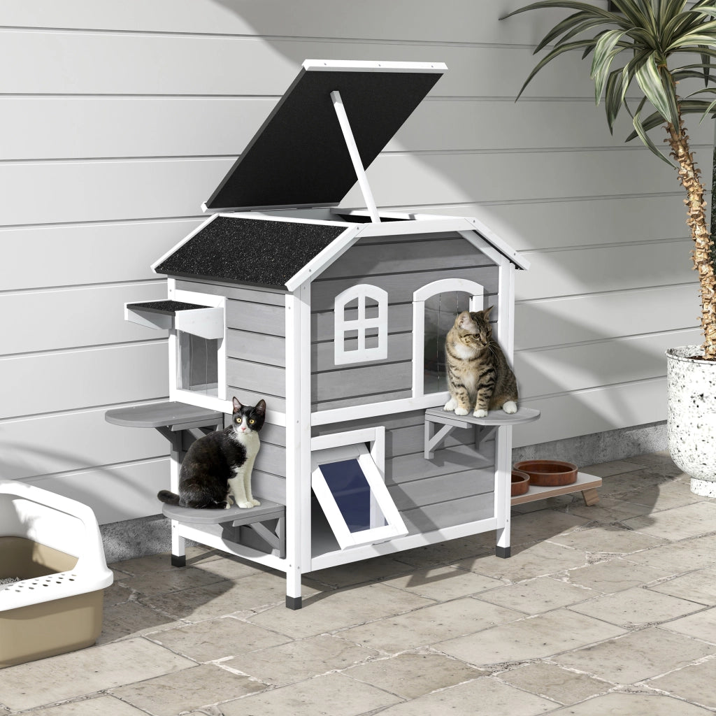 Casetta per Gatti in Legno 2 Piani ¨C zephmum ¨C Grigio 99.5x76x91 cm