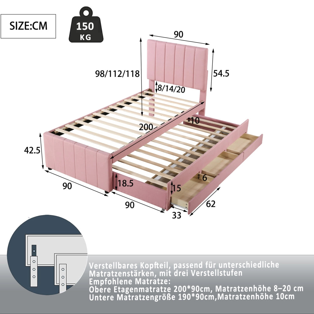 DESMIU Letto estraibile singolo con 3 cassetti e testiera regolabile 90 × 200 e 90 × 190 cm, senza materasso, rosa