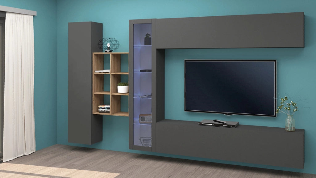 Parete Attrezzata Soggiorno 340x30x180 cm Maruska n°14 Grigio Antracite Opaco/Rovere Wotan