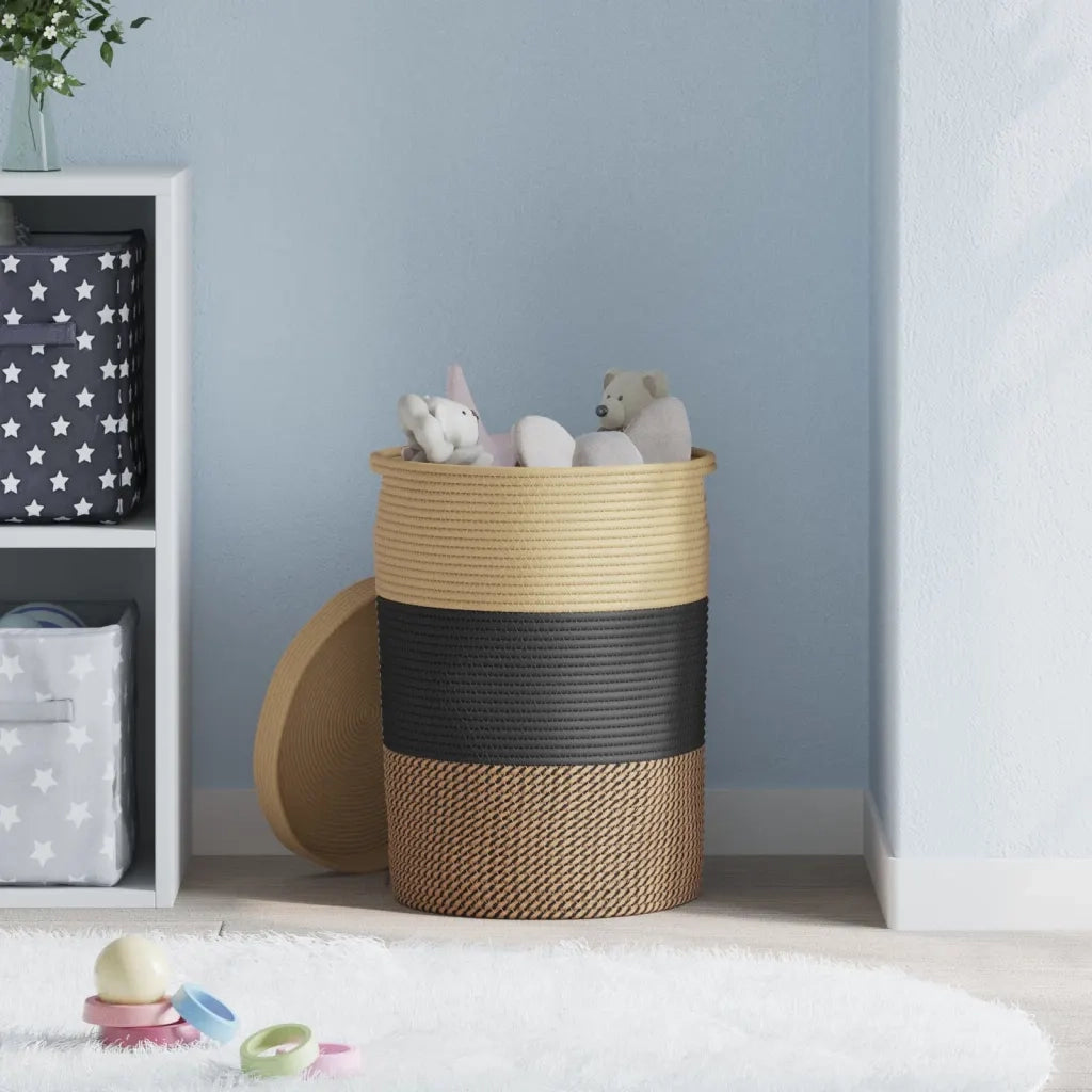 Cestino Portaoggetti con Coperchio Nero e Beige ?37x50cm Cotone CFW5361313