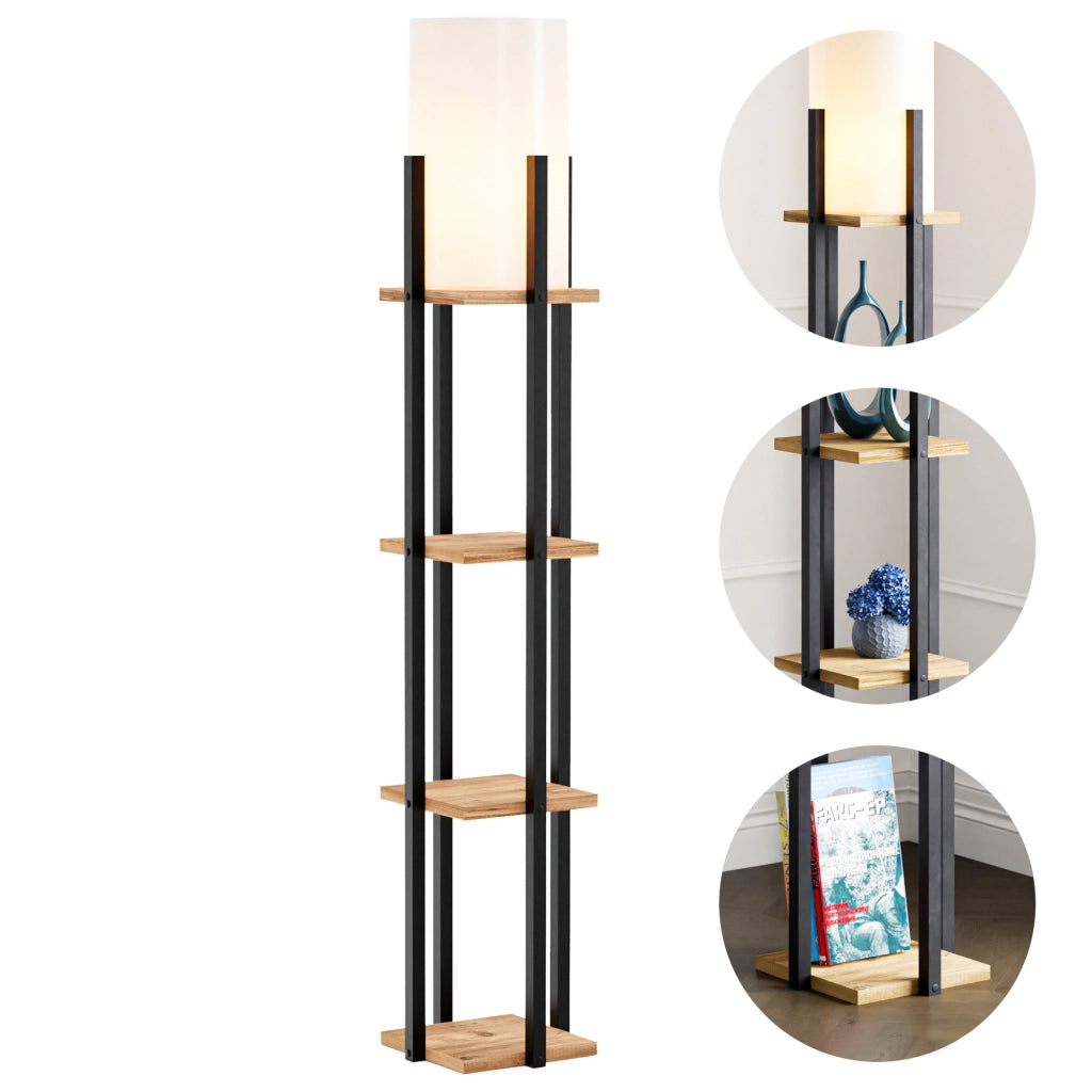 Lampada a Mobiletto Stourbridge Paralume Cilindrico Scaffale Nero / Effetto Rovere - lux.pro
