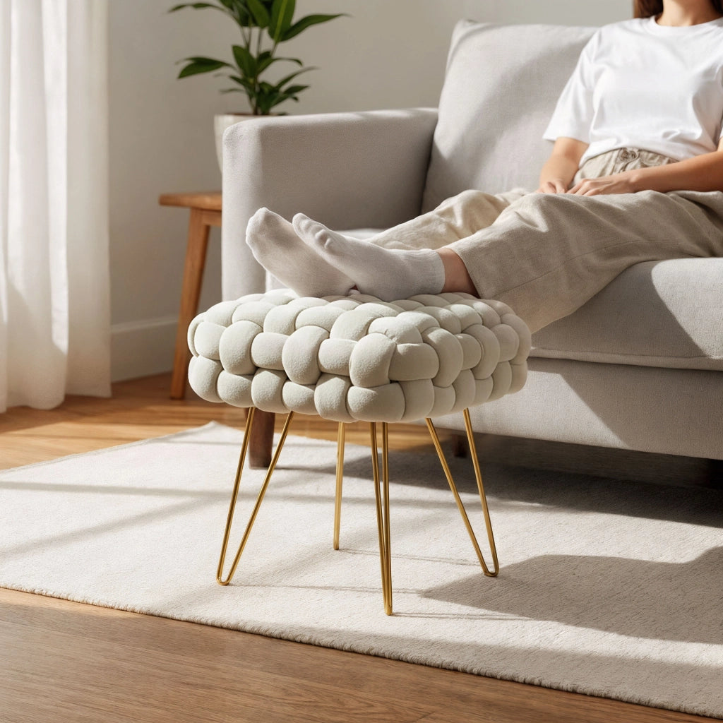 Pouf sgabello in velluto intrecciato 38 cm DOTTY Crema