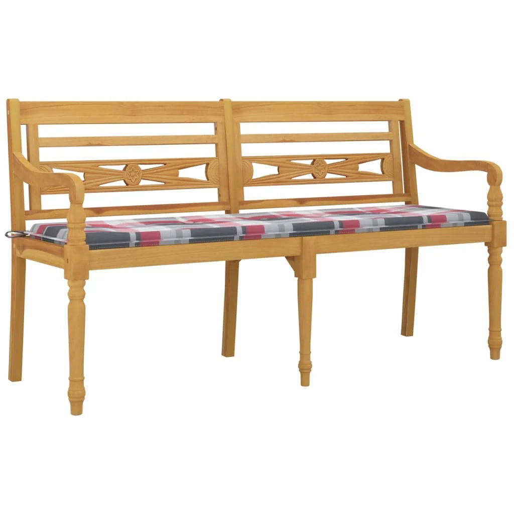 Panchina da giardino arredo esterno per patio terrazzo cuscino con motivo a quadri rossi 150 cm legno di teak 02_0011115