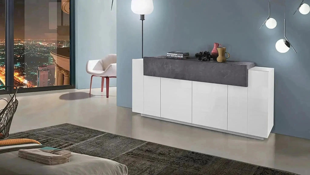 Credenza Moderna CORO con 4 ante battenti e 1 anta a ribalta in bianco lucido - report