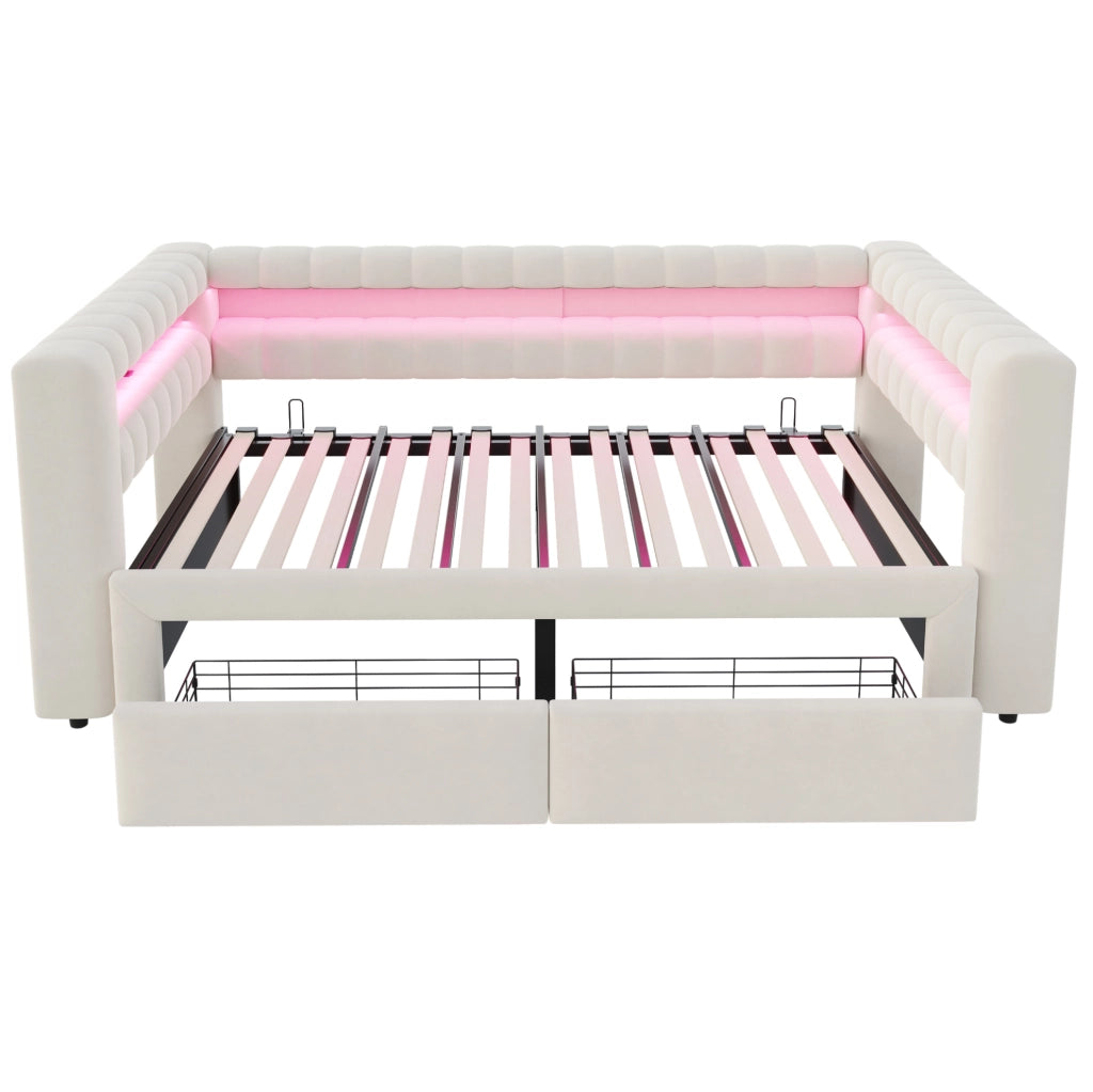 Divano letto imbottito 90x190 cm estensibile 180x190 cm in velluto beige con LED e USB