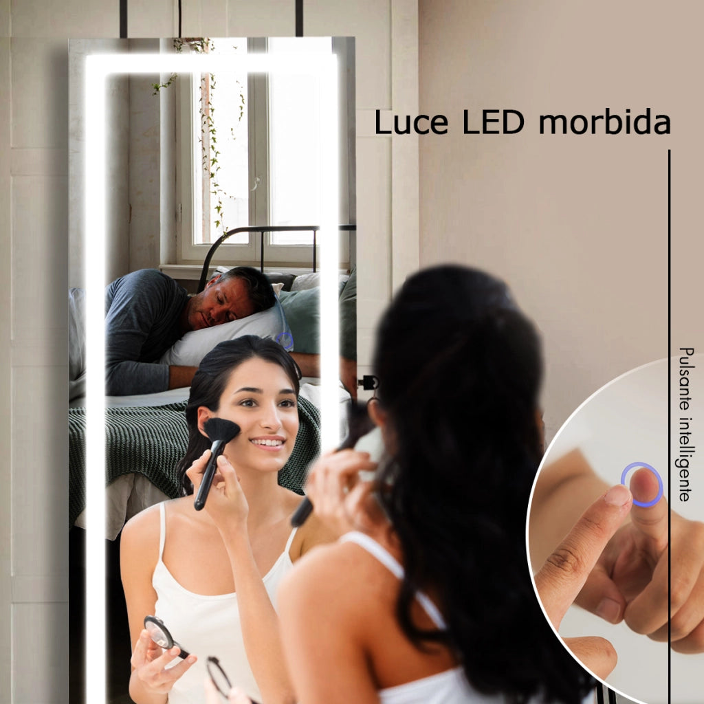 Armadietto per gioielli con strisce di luci LED al muro o alla porta, Armadio portagioielli con specchio Bianco-Armadietti per gioielli