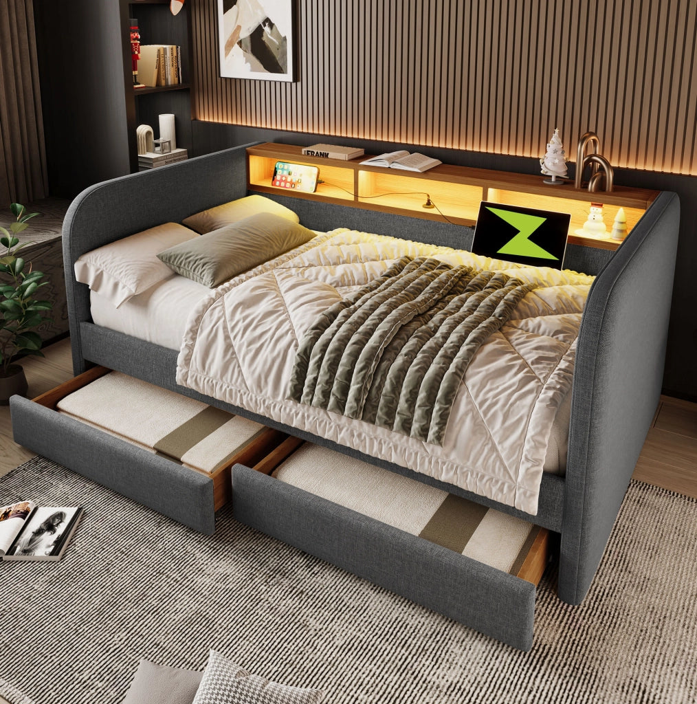 Letto imbottito 140x190 cm con LED, USB-C e 2 cassetti