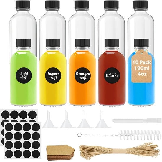 10 Stuks Glazen Flessen 120ML - Fleschi Reciclabili con Tappo e Etichette