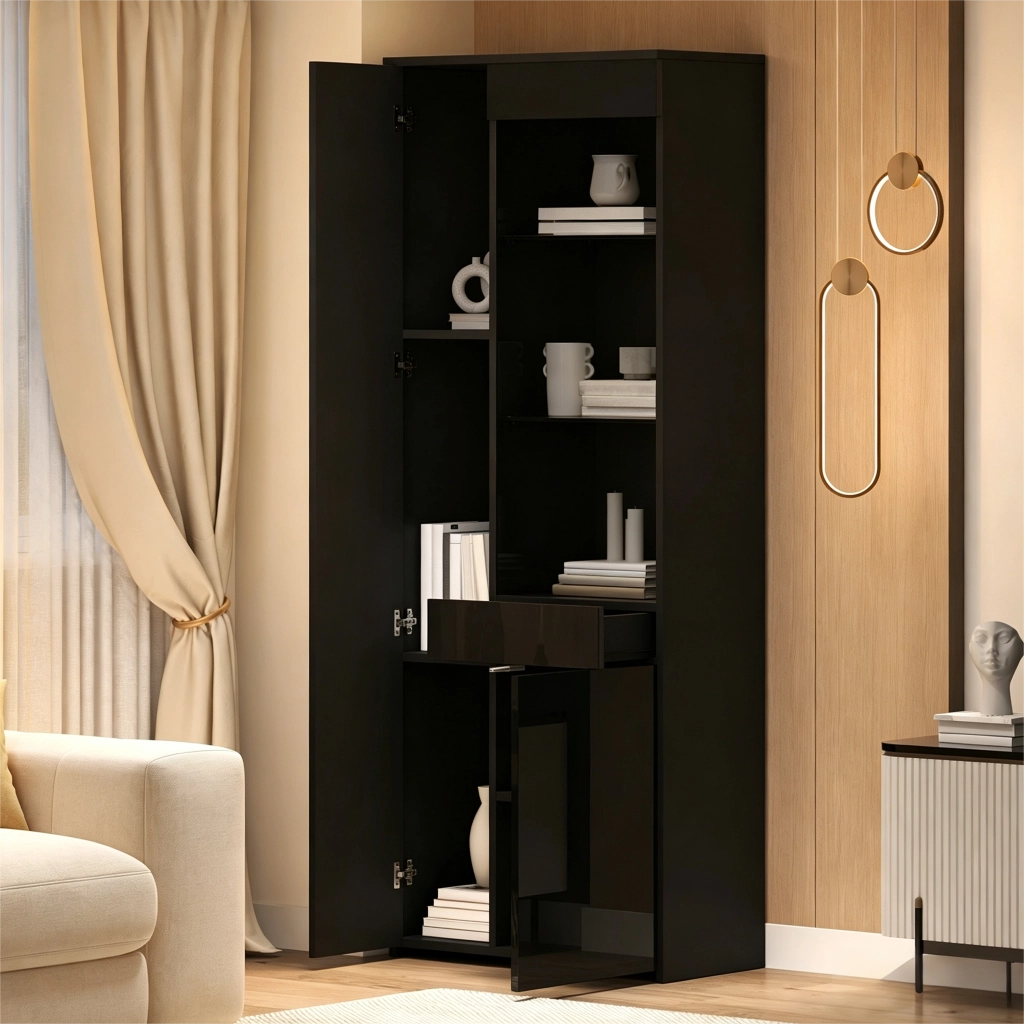 Mobile Vetrina ¨C Minimal ¨C Nero 70x35x180cm con cassetti e LED
