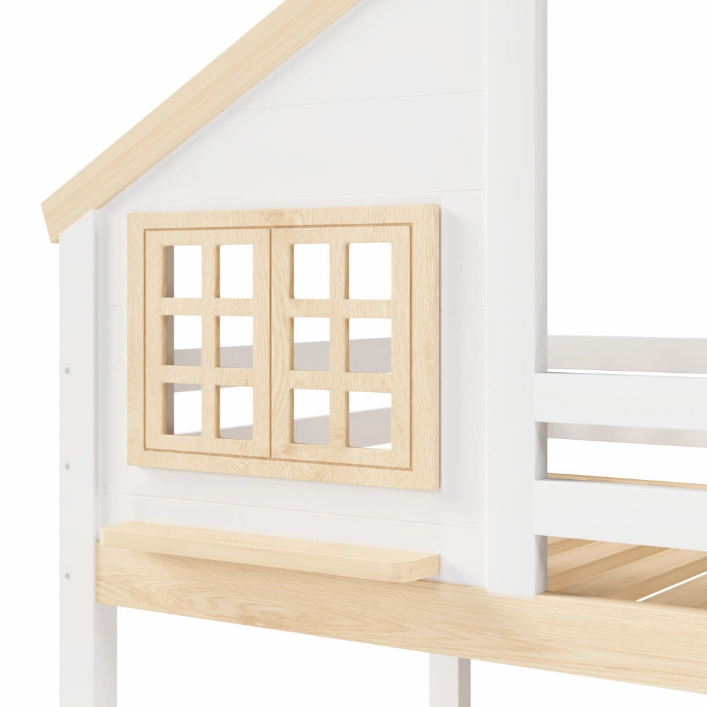 Letto a castello 90x200 cm con letto superiore a casetta; protezione e contenitore idraulico; bianco e naturale
