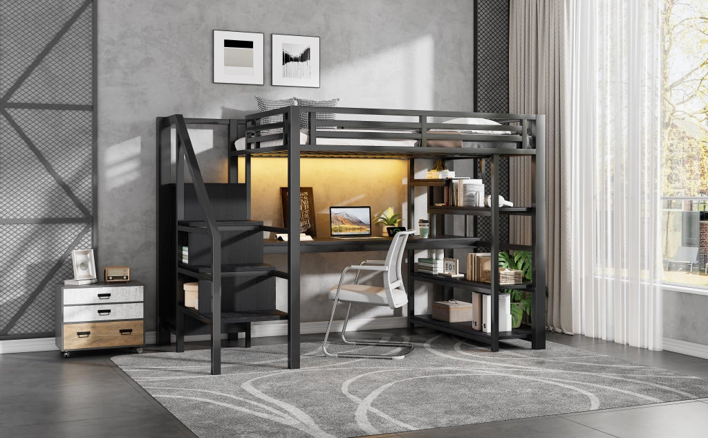 DESMIU Letto a soppalco 140 × 200 cm 2 posti con armadio, scrivania, ripiani, LED, senza materasso, in metallo, nero
