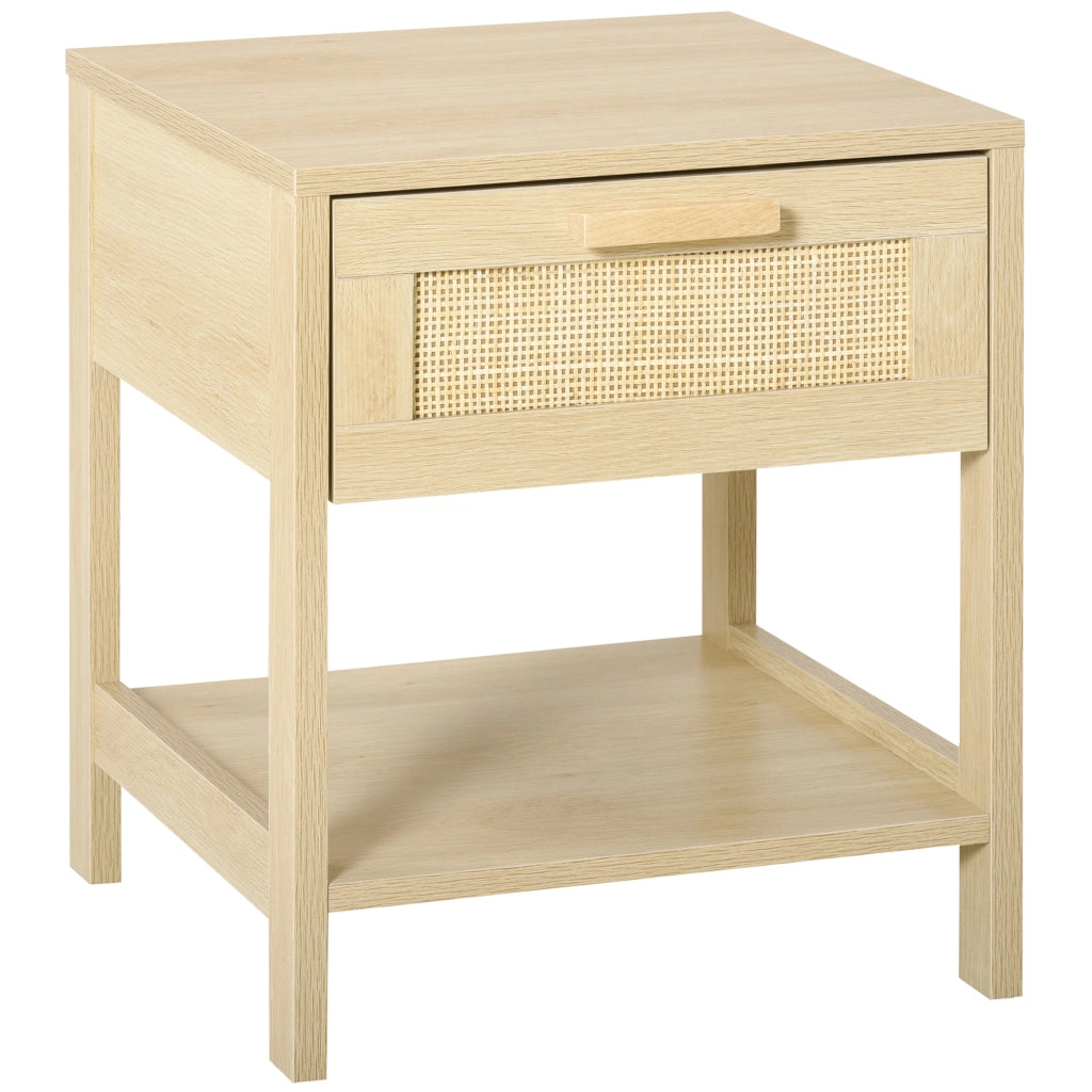 Comodino con cassetto e scaffale ¨C zephmum ¨C canna di rattan, legno chiaro, 40x40x48 cm