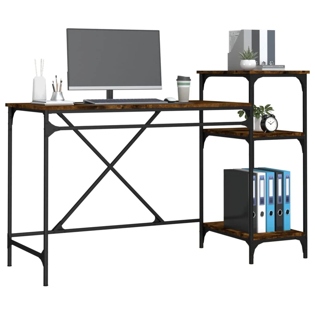 Scrivania da ufficio postazione di lavoro mobile per computer studio e scaffalatura rovere affumicato 135 x 50 x 90 cm legno ingegnerizzato/ferro marrone 02_0023815