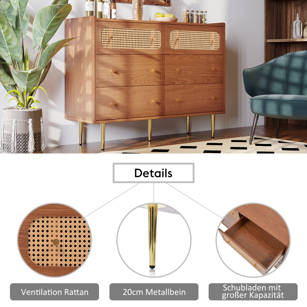 Comò a 6 cassetti effetto noce con dettagli in rattan; 120x40x90 cm; legno e metallo