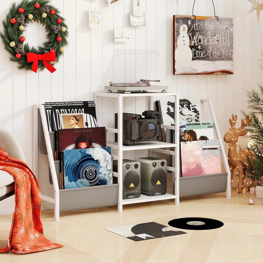 GIANTEX Supporto per giradischi, mobile platino in vinile con 3 ripiani aperti, 6 tasche, per 200 album, telaio in metallo, combinazione flessibile, per soggiorno, studio, camera da letto (nero)