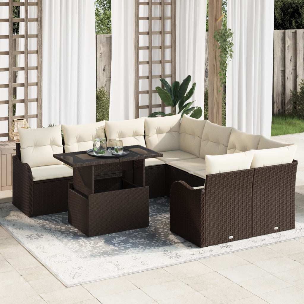 Set di Divani da Giardino 9 Pezzi con Cuscini Polyrattan Marrone
