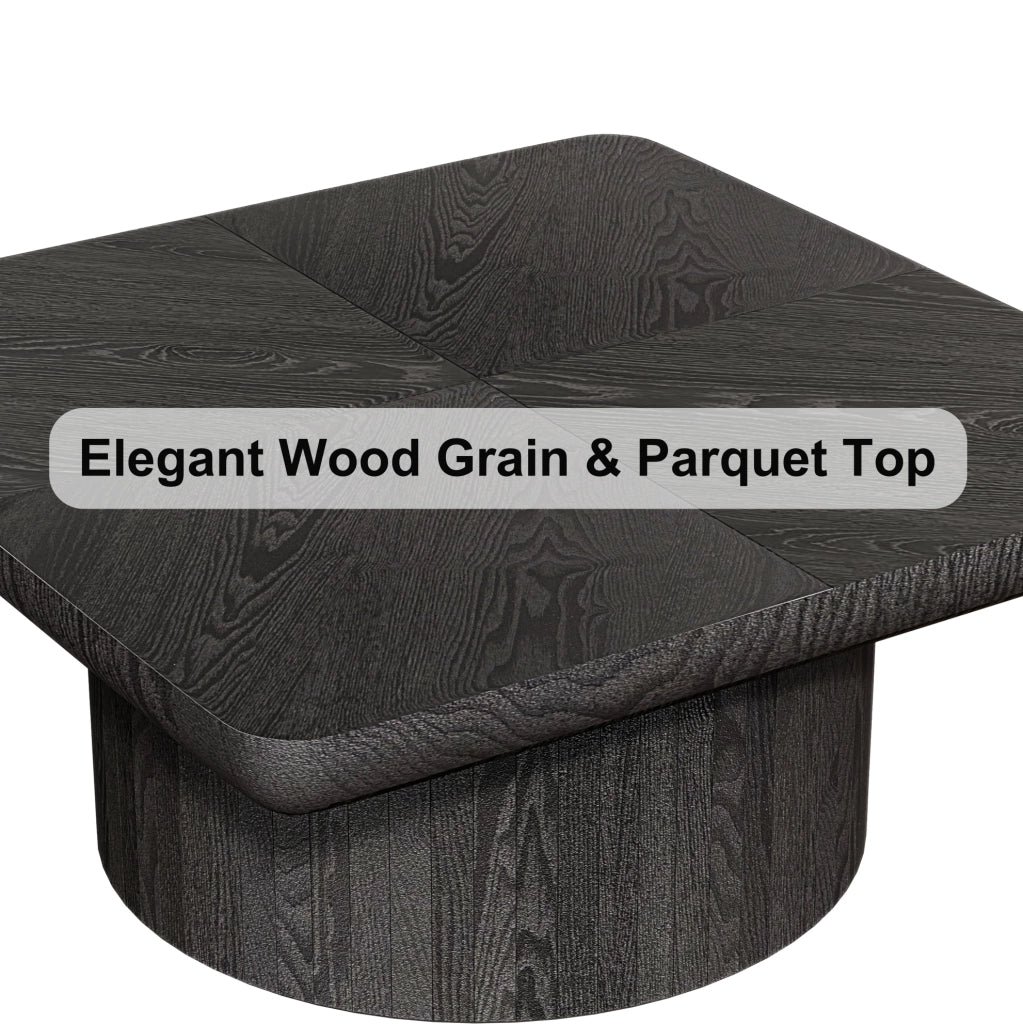 Tavolino da caffè quadrato con piano effetto parquet da 8 cm e base cilindrica; nero