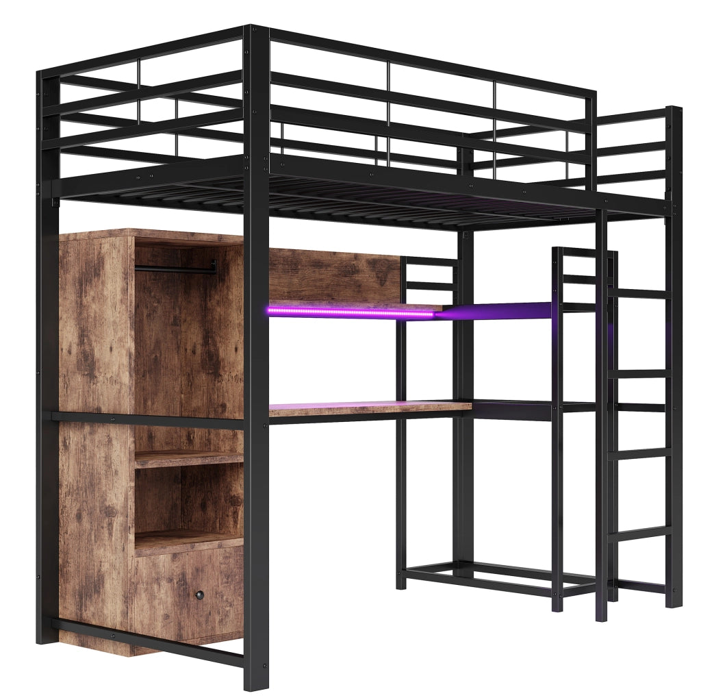 Letto a soppalco 90x200 cm in metallo e MDF; nero; con LED; scrivania; cassetto e ripiani