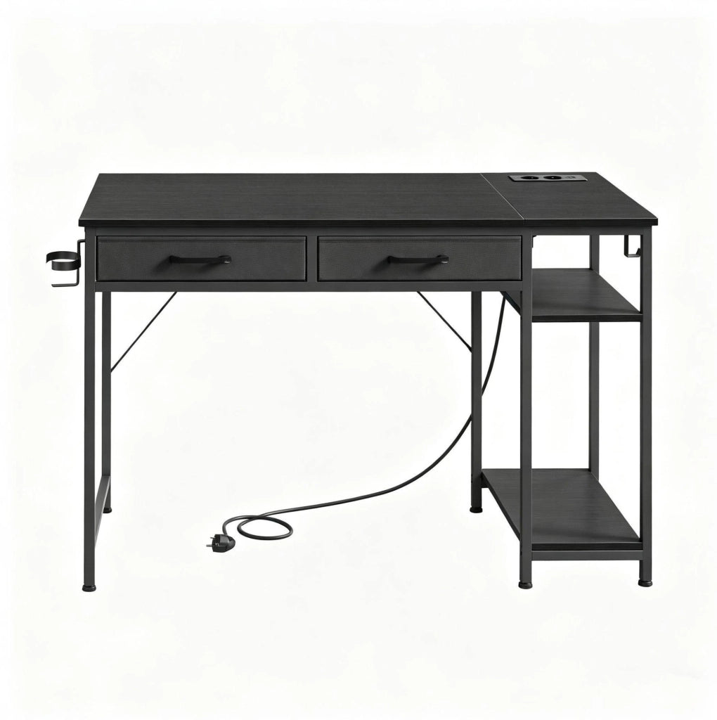 Scrivania informatica 120x51 cm nera in melaminico e metallo con ripiani e prese