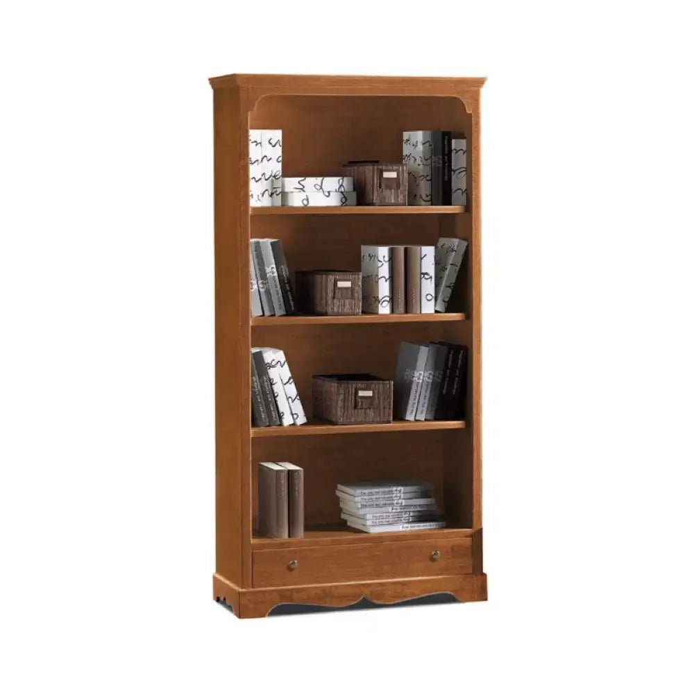 Libreria 1 cassetto 4 ripiani arte povera in legno massello e mdf con rifinitura in noce 94x36x189 H
