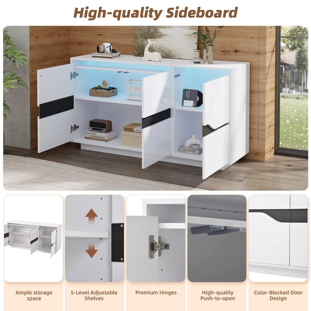 Credenza e madia con LED, 3 ante e ripiani regolabili, per soggiorno, in truciolare, bianco e nero, 140 × 40 × 70 cm