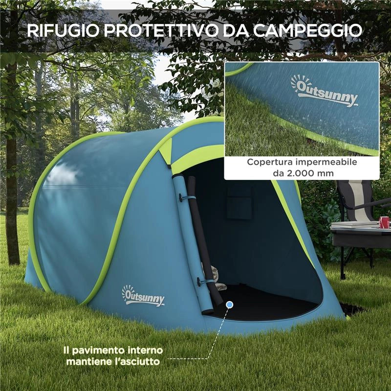 TENDA DA CAMPEGGIO POP UP IMPERMEABILE CON ACCESSORI E BORSA DI TRASPORTO, 245X148X105 CM, BLU