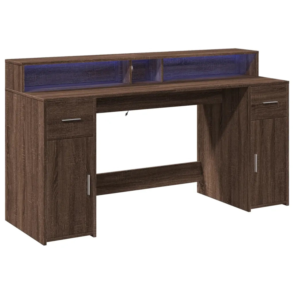 Scrivania con Luci LED Marrone Rovere 160x55x91 cm Multistrato