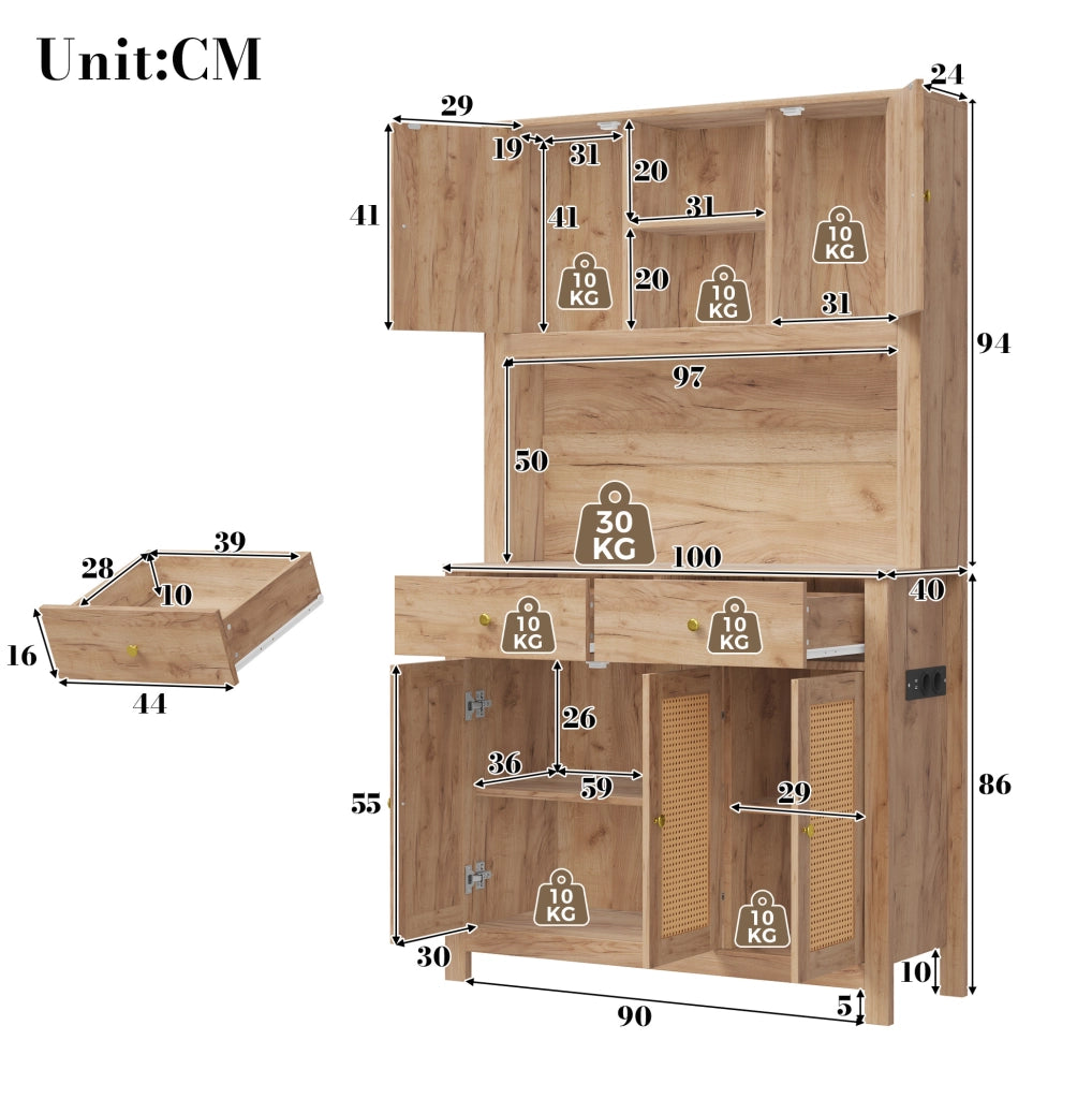 Credenza alta da cucina con LED RGB, prese e ante in rattan