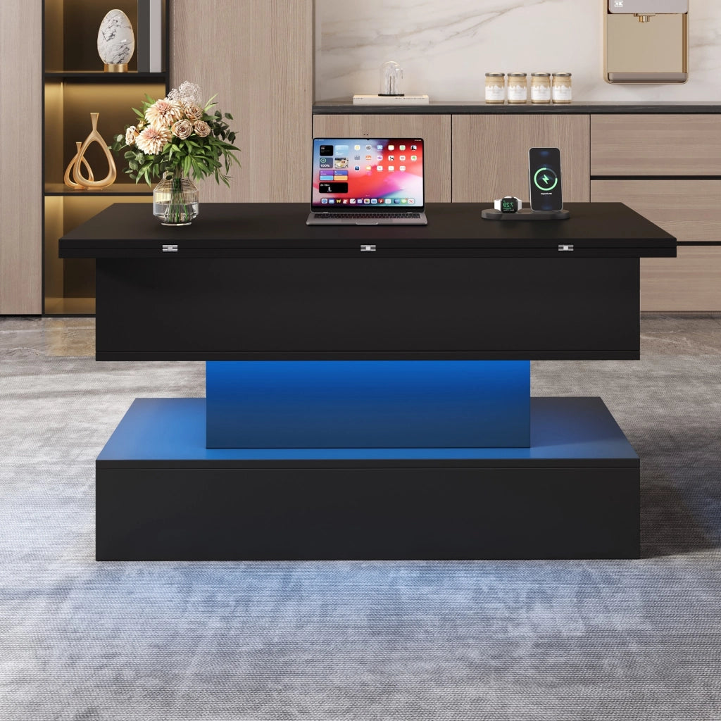 Tavolino da caffè alzabile con LED e presa laterale - per soggiorno - 100×50×51.5 cm - nero