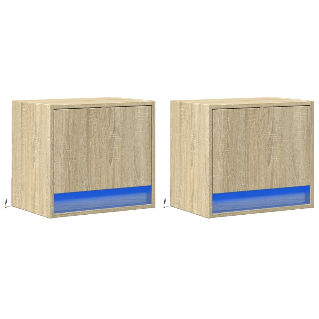 Comodini a Parete con luci LED 2 pz Rovere Sonoma