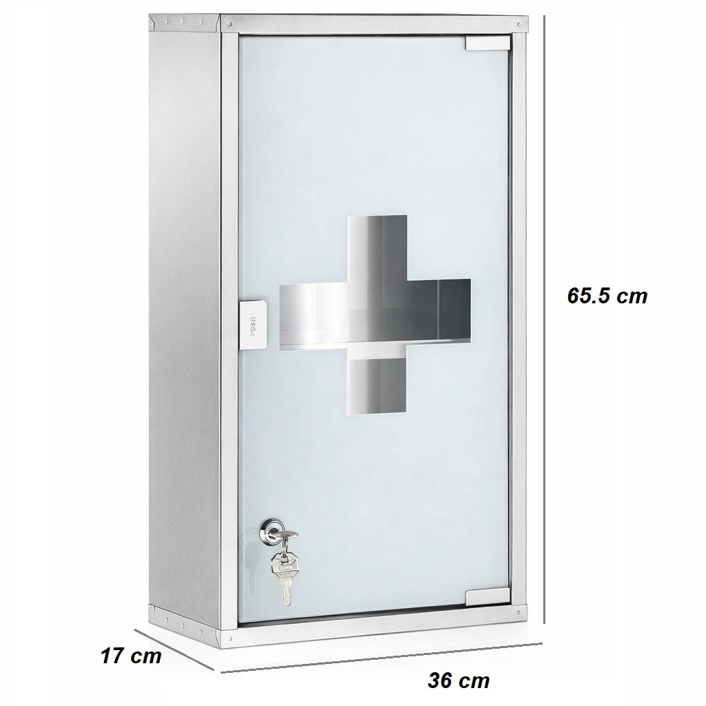 Armadietto Porta Medicinali Acciaio Inox e Vetro Satinato 65x36x17 cm con Chiave