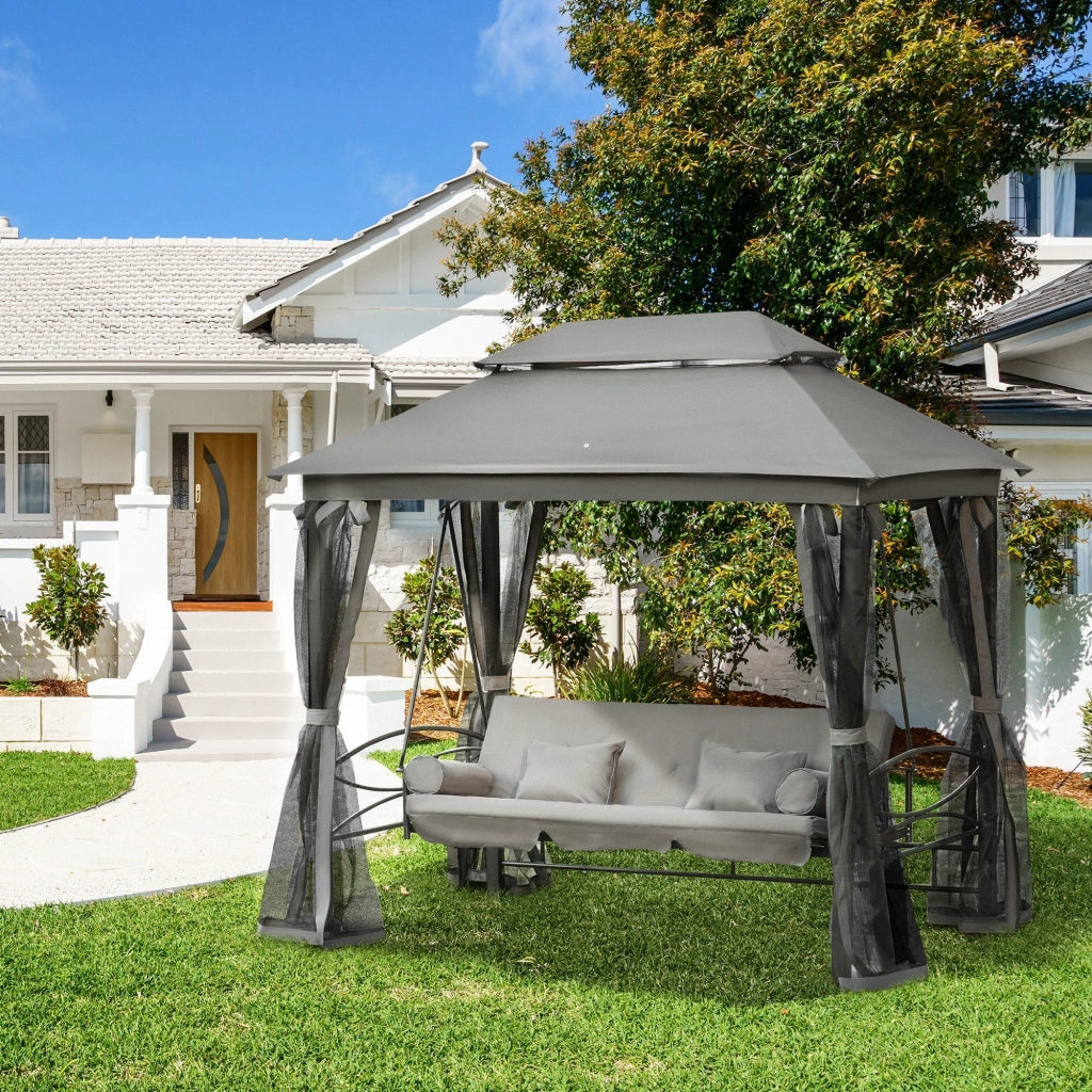 Dondolo Letto 3 Posti con Gazebo da Giardino 256x172x248 cm con Zanzariera e Cuscini Grigio