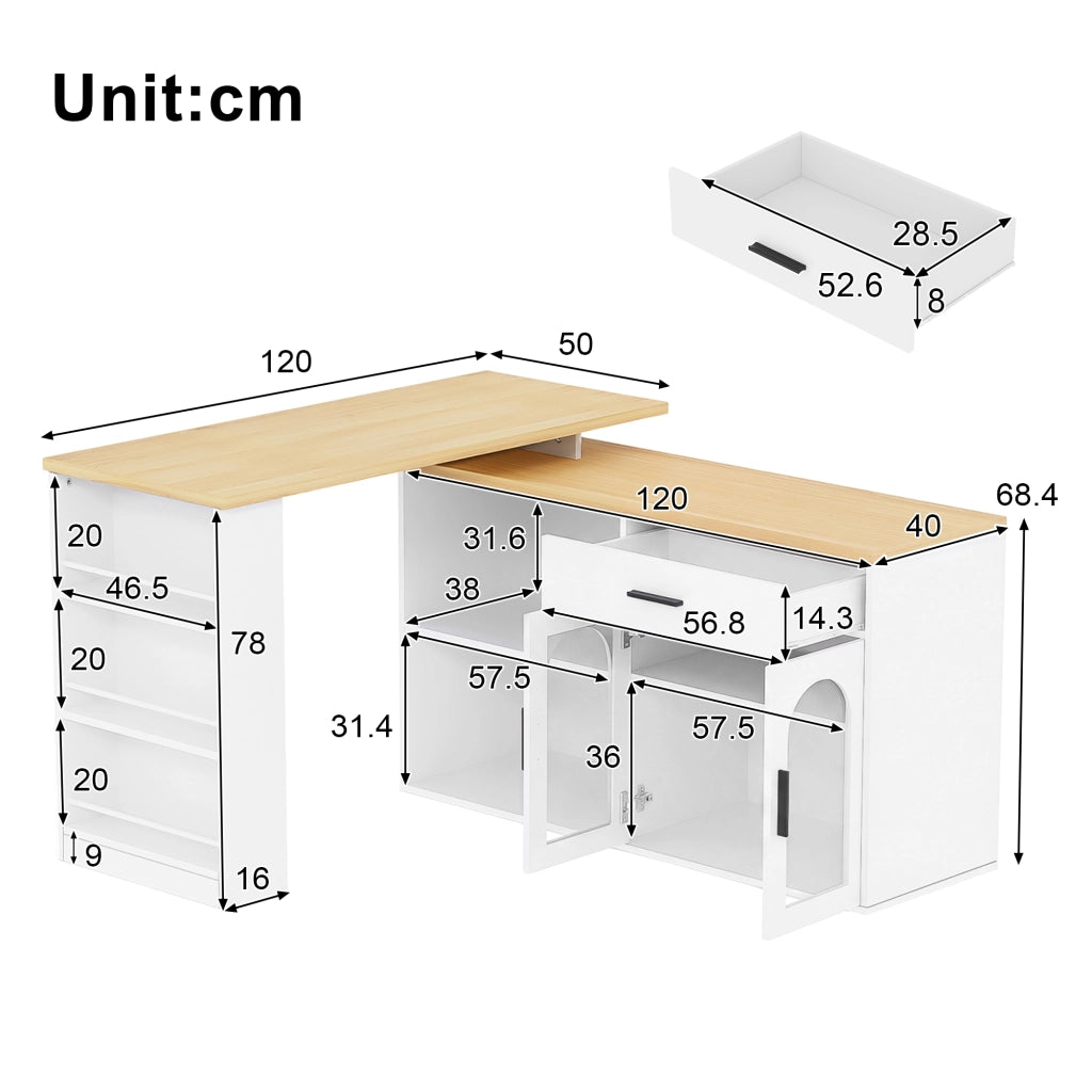 Isola cucina con piano girevole 360°, credenza con cassetto e ripiani, tavolo bar in MDF bianco 136x50x78 cm