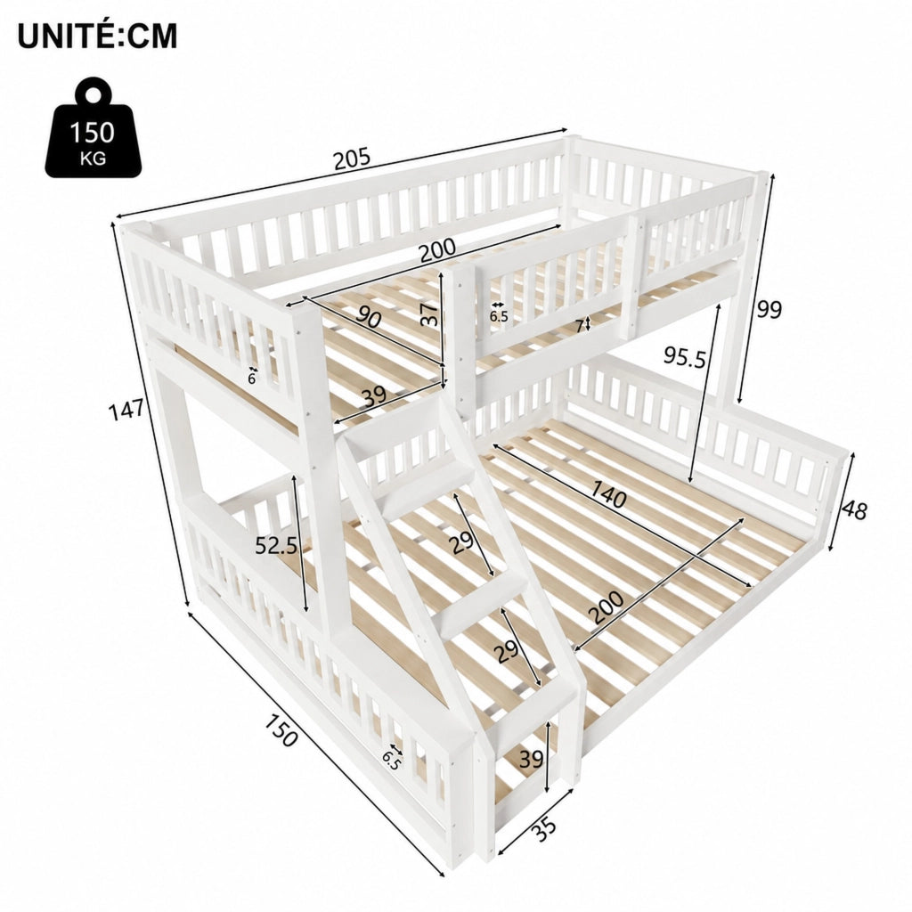 LETTO A CASTELLO 90x200 cm + 140x200 cm in legno bianco con scala e sponde