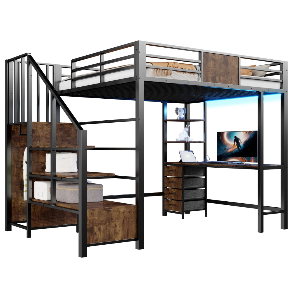 Letto a soppalco 140x200 cm in metallo con scrivania; ripiani; asta appendiabiti; LED e presa; nero