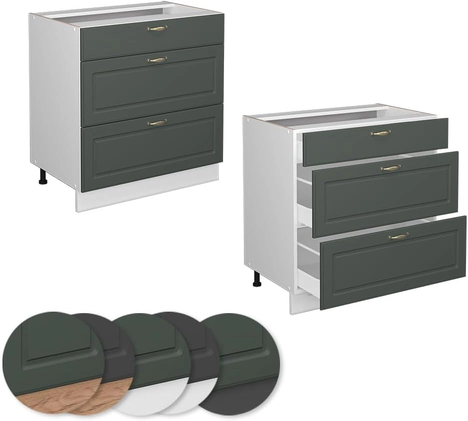 Mobiletto base per cucina Fame-Line, Verde-oro Country House, 80 cm con 3 cassetti, senza piano di lavoro, per la combinazione con altri moduli della serie Fame-Line