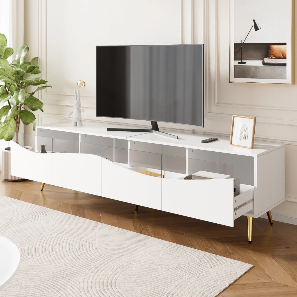 OKWISH Mobile TV con Vani Contenitori, LED e Passacavi, Frontali in Vetro, per Soggiorno, MDF, Bianco, 180 x 40 x 50 cm