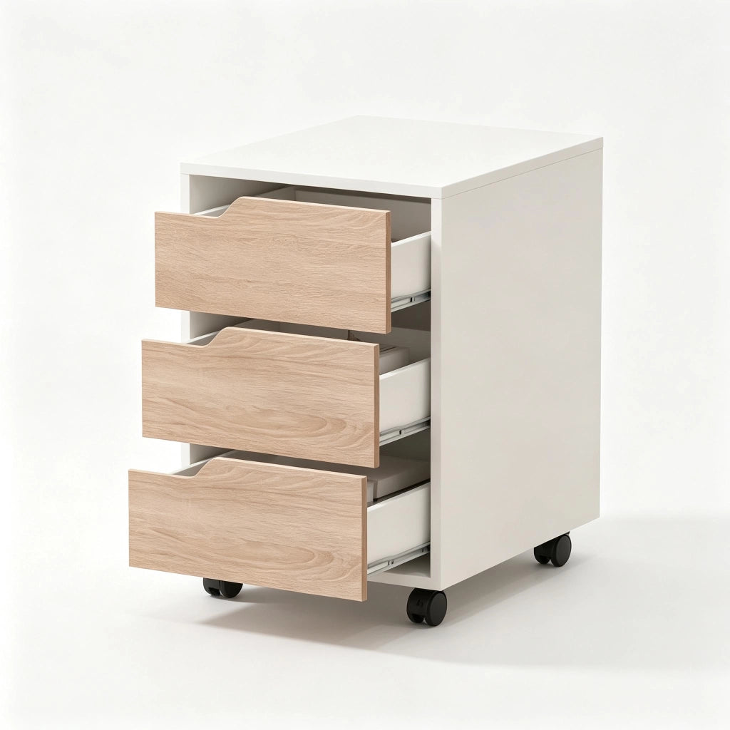CASSETTIERA con ruote 40x50x57,5 cm in MDF bianco e rovere con 3 cassetti