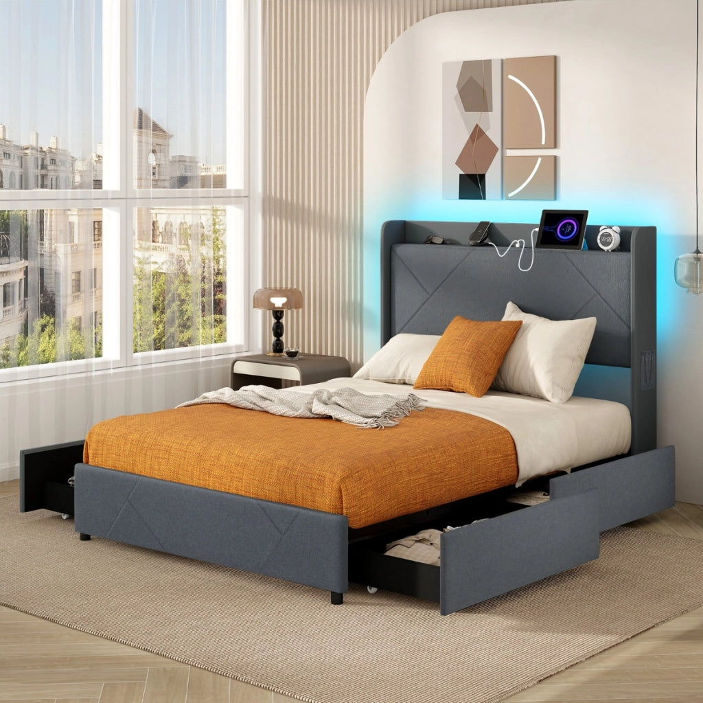 Struttura letto con luci LED letto imbottito con stazione di ricarica, Telaio letto matrimoniale 2 tasche di stoccaggio & 4 cassetti scorrevoli Grigio
