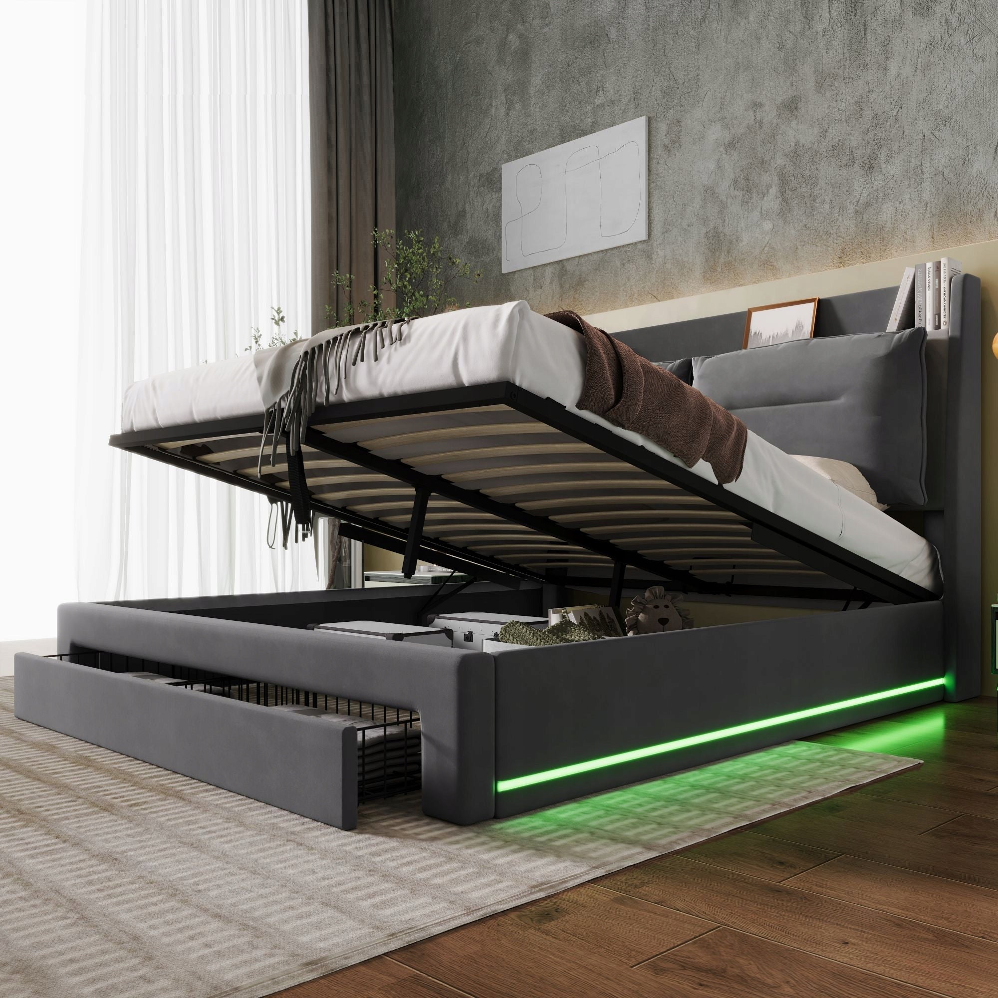 Letto imbottito 160x200 LED - Xylo - Grigio velluto