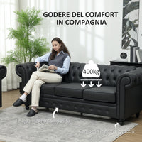 Divano 3 Posti Stile Chesterfield 213x86x79 cm a Molle Insacchettate in Finta Pelle Nero