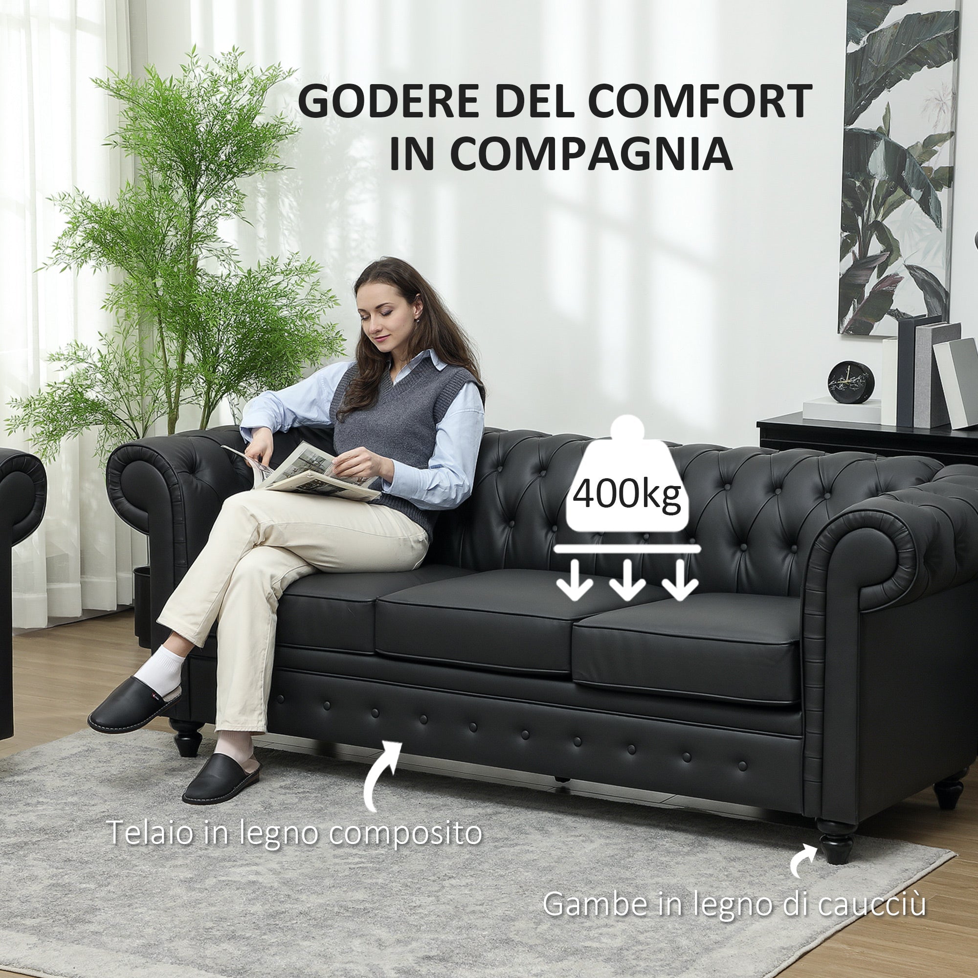Divano 3 Posti Stile Chesterfield 213x86x79 cm a Molle Insacchettate in Finta Pelle Nero
