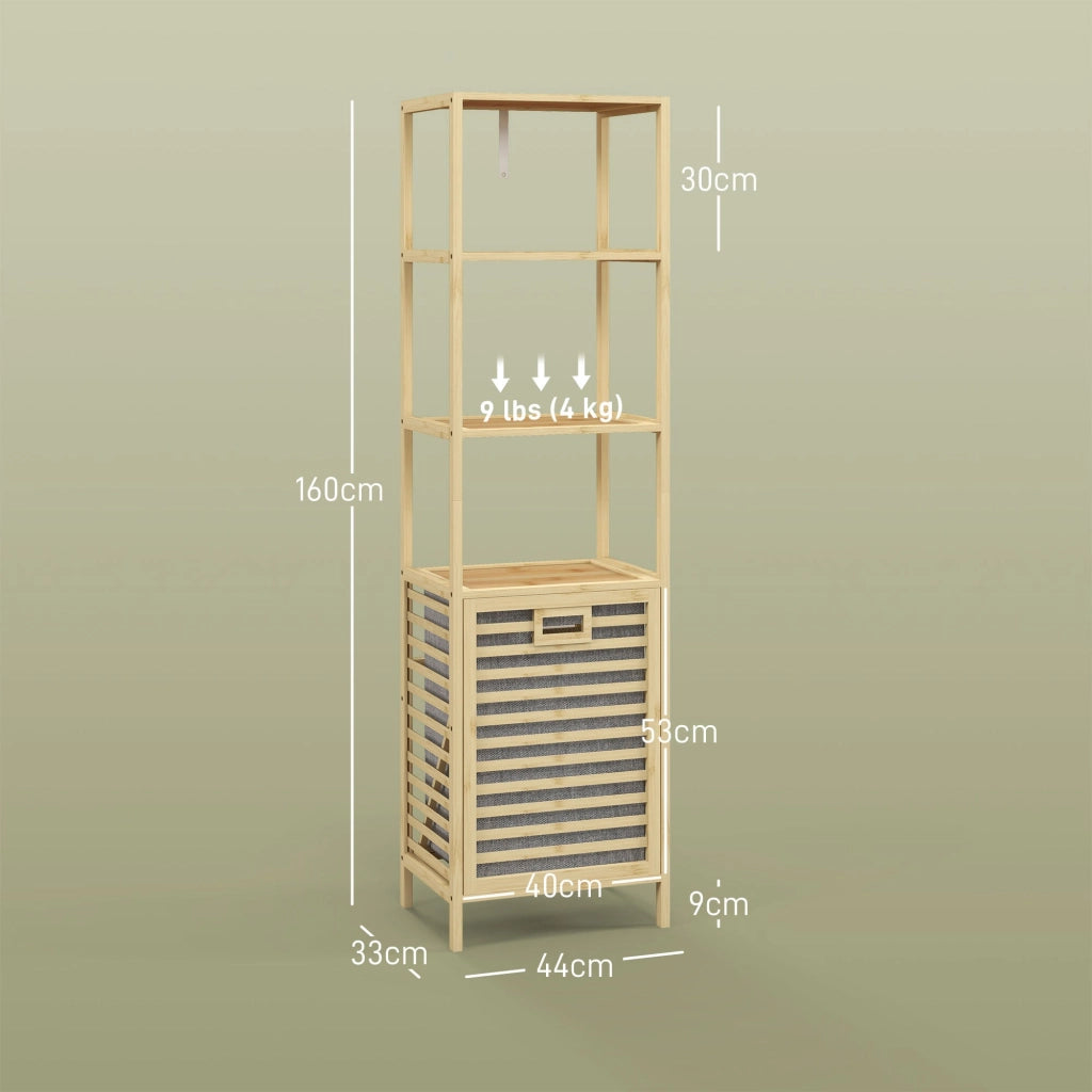 Colonna Bagno con 3 Ripiani e Cesto Portabiancheria in Tessuto 44x33x160 cm in Legno di Bambù
