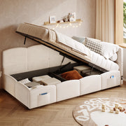 Divano letto contenitore idraulico 90x200 cm in velluto beige con USB-A/USB-C