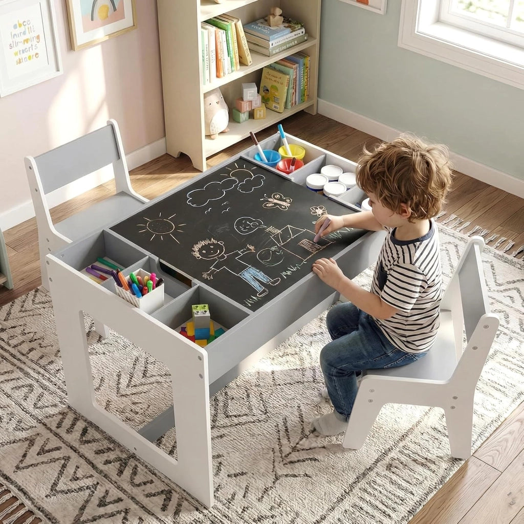 Set Tavolo Multifunzionale per Bambini e 2 Sedie, Tavolo e Sedie in Legno con Piano Doppio Rimovibile, Lavagna Nera & Lavagna Bianca, Compartimenti Laterali con Divisori Staccabili (Grigio)