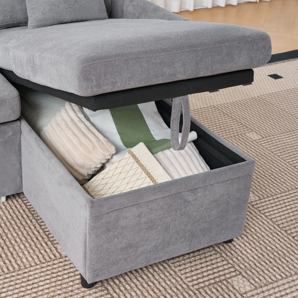 Divano angolare convertibile con contenitore funzione letto e chaise longue reversibile in chenille grigio