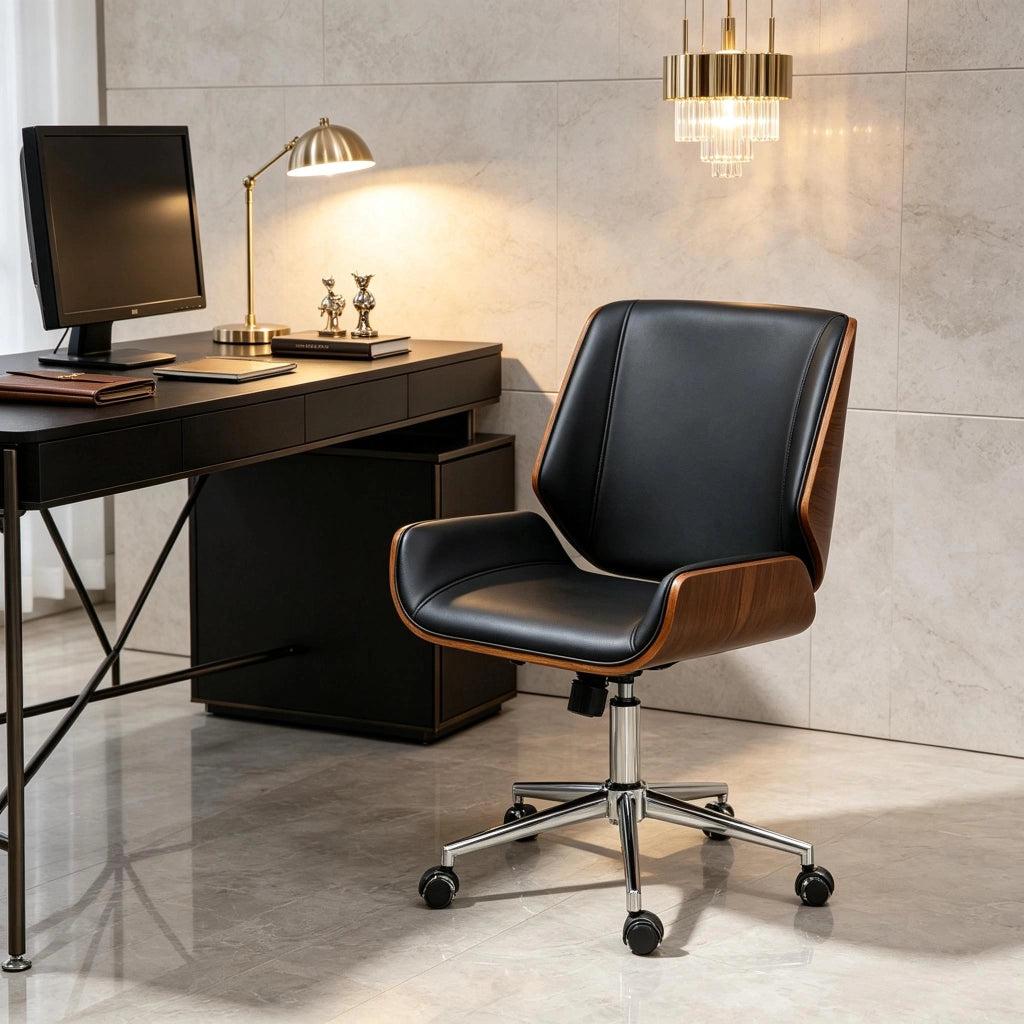 Sedia da ufficio ergonomica girevole con altezza regolabile e base in acciaio a 5 ruote nero e marrone scuro