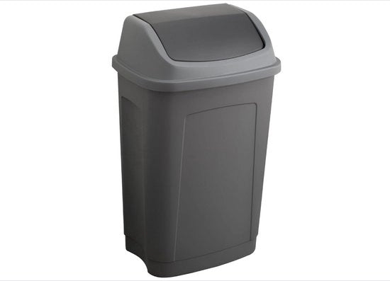 Afvalemmer con coperchio oscillante, 50 l, rettangolare, plastica riciclata, grigio e nero, per cucina, ufficio, lavanderia, officina, garage