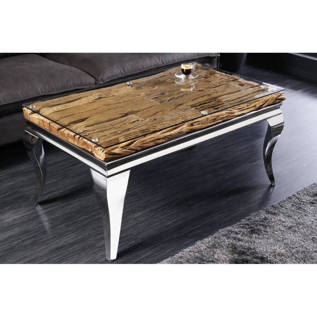 Tavolino basso VELENA 100 cm in teak con vetro temperato – Piedi cromati design barocco